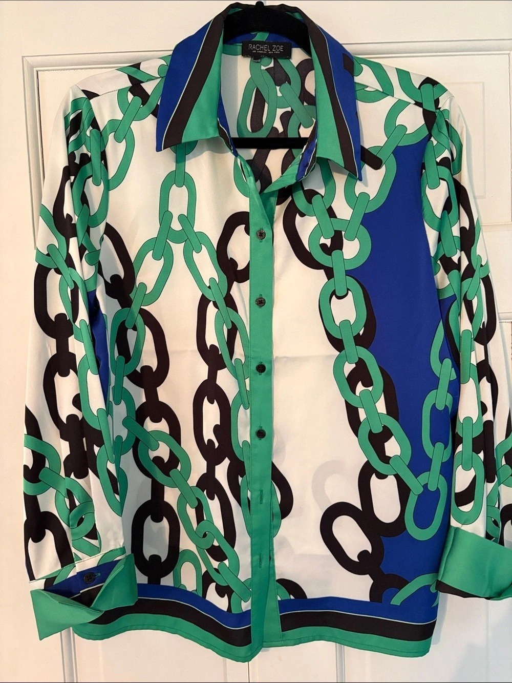 Rachel Zoe Chain Print Button Down Shirt in Green & Blue